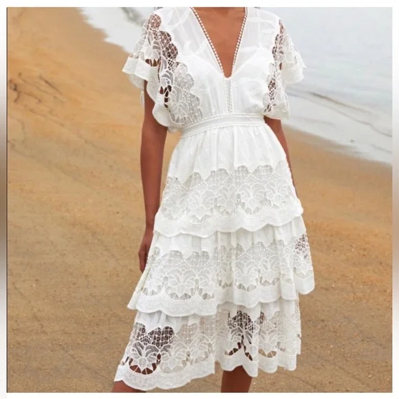 NWOT Farm Rio Off White Richelier MIDI Tiered Dress Eyelet Embroidery size XS - Picture 3 of 12
